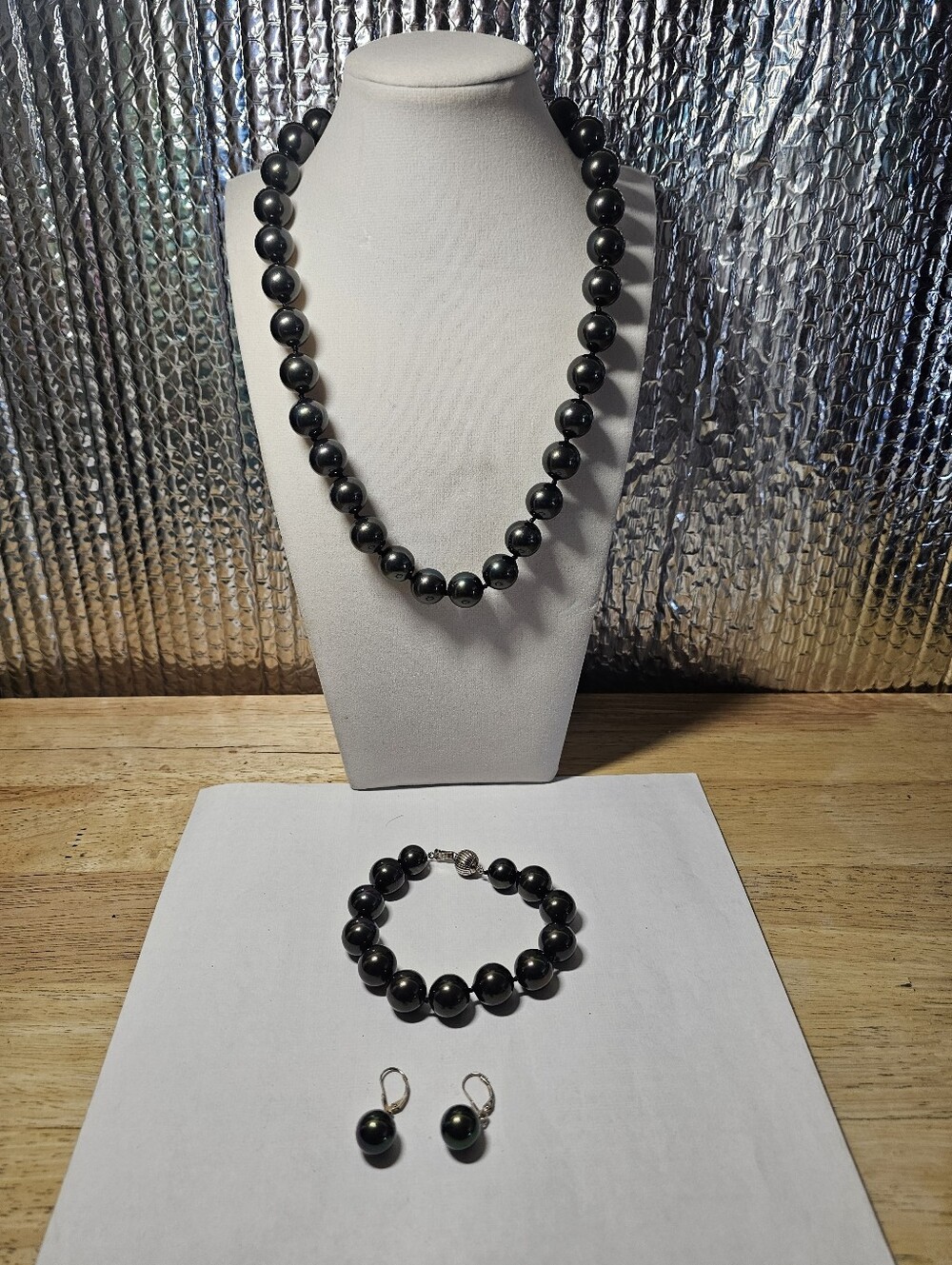 Tahitian Black Pearl Bead Necklace, Bracelet, Earrings Set On Sterling Silver